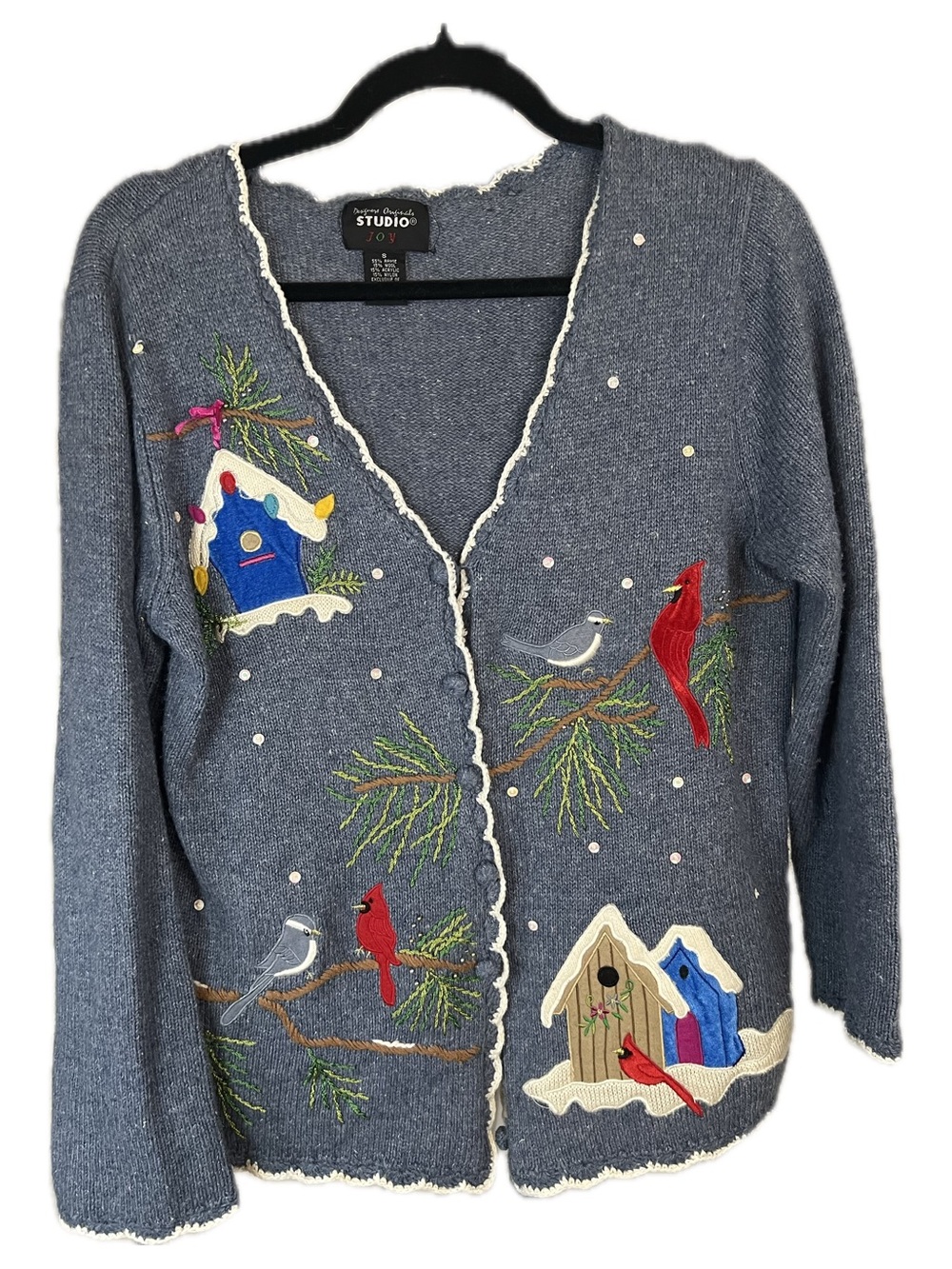 Designers Originals Vintage 90s Gray Blue Embroidered Bird & Birdhouse Cardigan